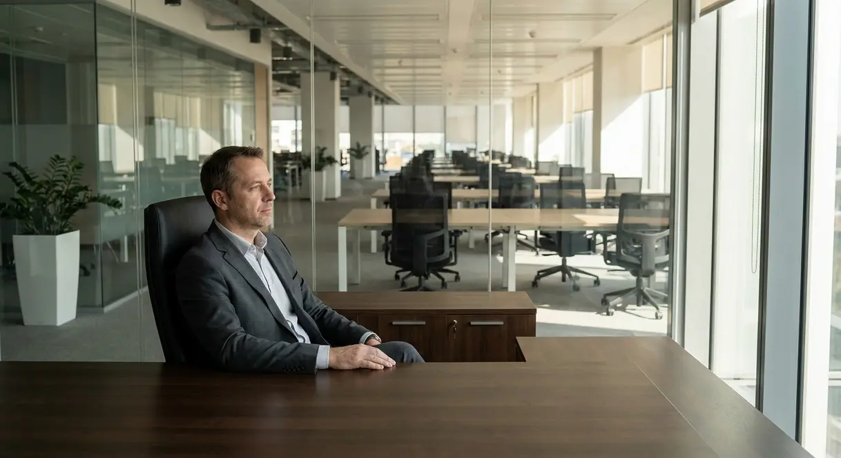 En leder sitter alene ved et stort kontorskrivebord og ser ut over et tomt kontorlandskap med ledige arbeidsplasser