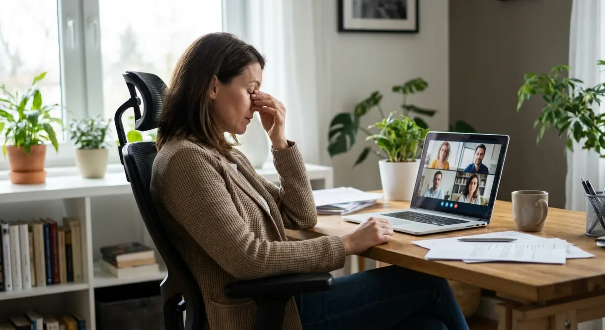 En person sitter alene foran en laptop med flere kolleger synlige på skjermen i et videomøte, med et uttrykk av konsentrasjon og lett utmattelse