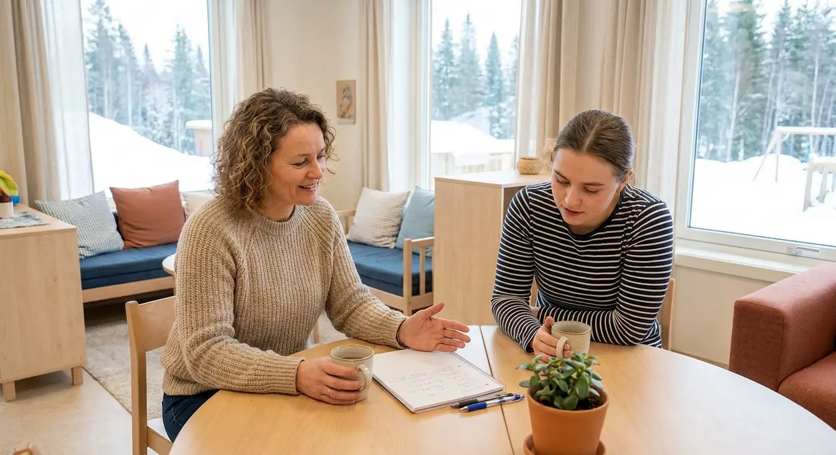 En erfaren barnehagelærer veileder en nyutdannet kollega i et lyst og moderne personalrom i en norsk barnehage
