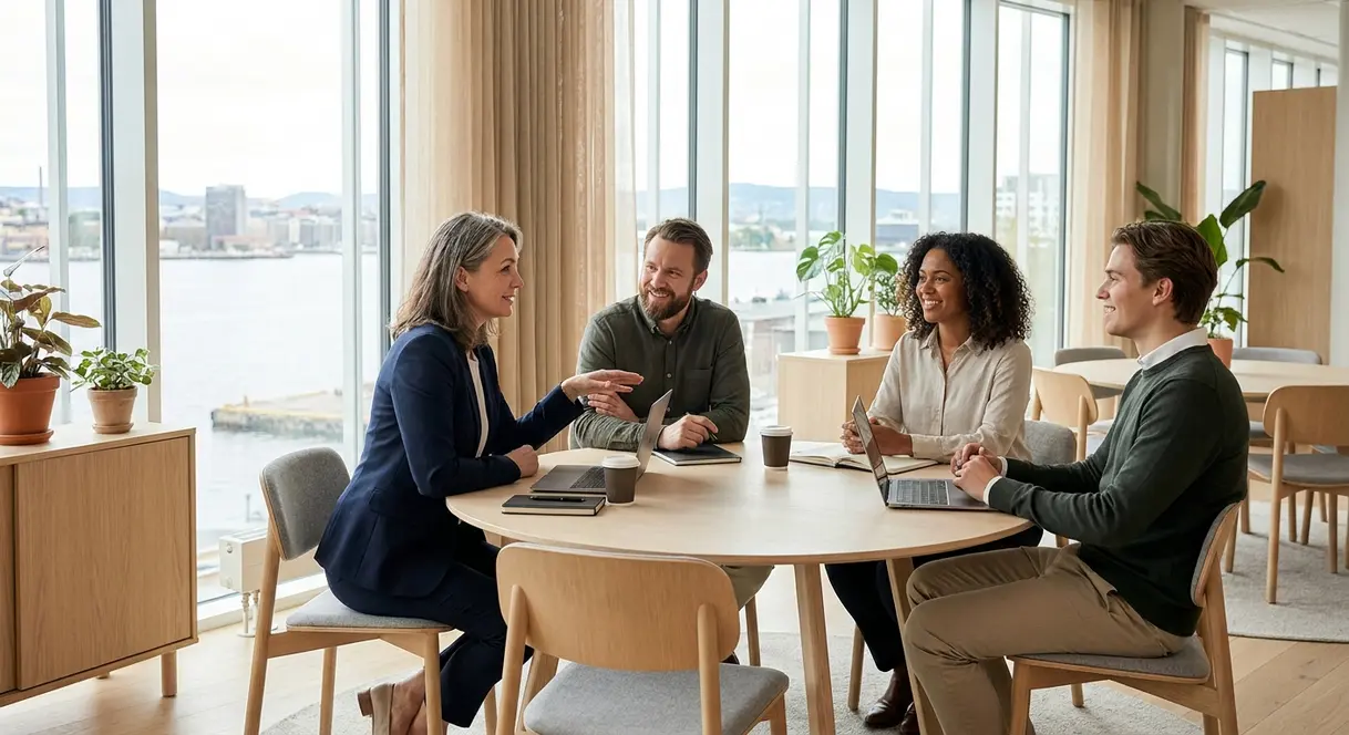 En leder og ansatte i en åpen og trygg dialog rundt et møtebord på en moderne norsk arbeidsplass