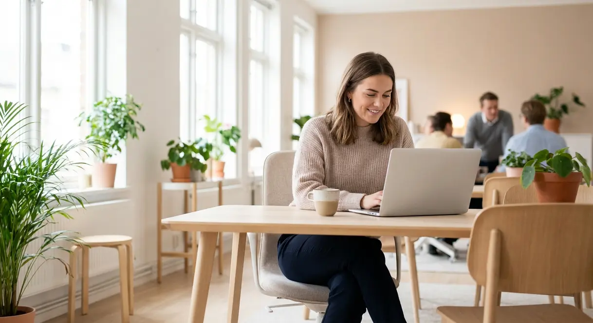 Ung profesjonell kvinne som ser avslappet og fokusert ut mens hun jobber fleksibelt på en lys og moderne arbeidsplass