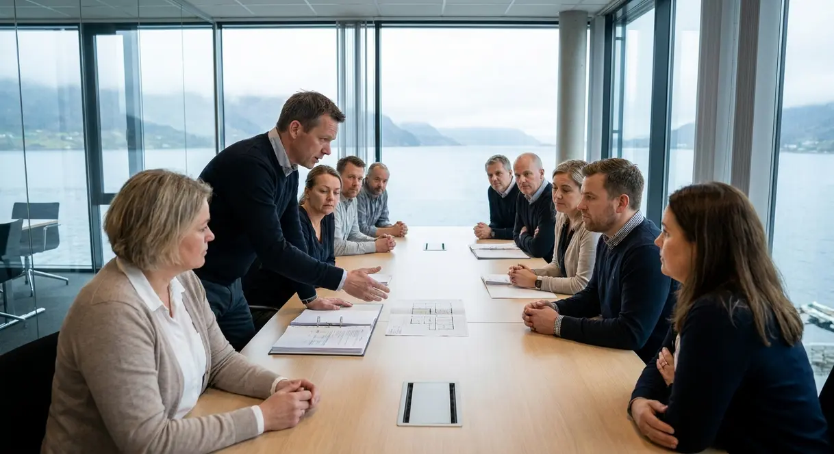En leder og ansatte i et møterom diskuterer beredskapsrutiner mot vold på arbeidsplassen