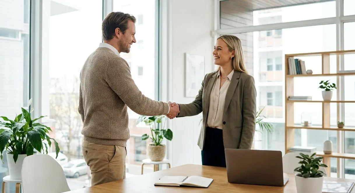 En leder og en ny ansatt hilser hverandre på en moderne norsk arbeidsplass, som symboliserer overgangen fra solodriver til arbeidsgiver.