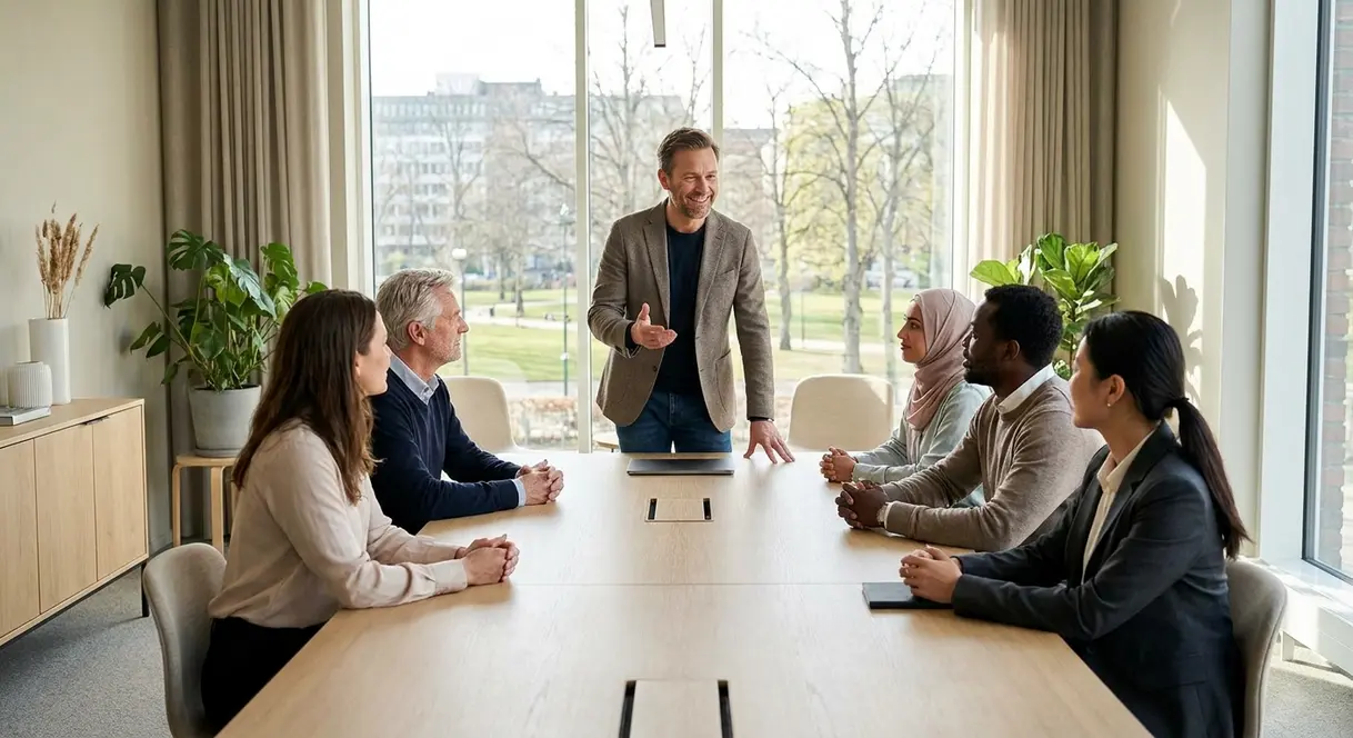 En leder i en norsk bedrift snakker engasjert med et mangfoldig team rundt et bord i et lyst kontormiljø