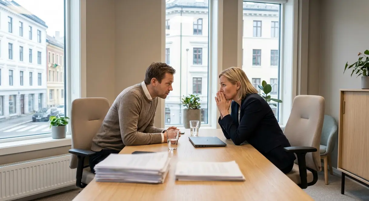 En leder og ansatt i en seriøs samtale på et kontor, som illustrerer varsling og åpen kommunikasjon på arbeidsplassen.
