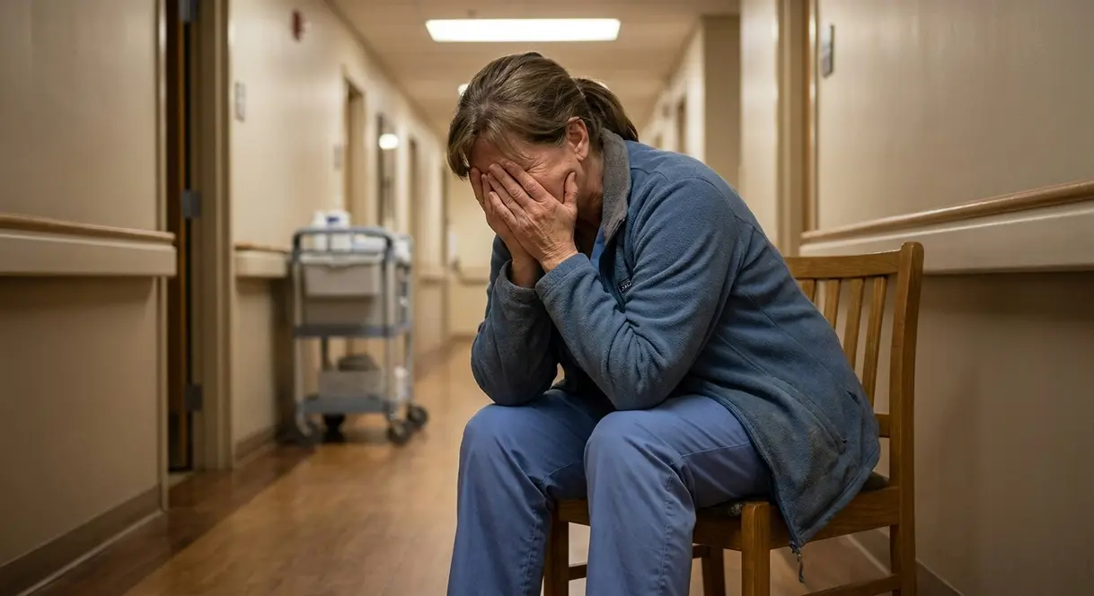 En utslitt sykepleier sitter på en stol i en korridor på et sykehjem og hviler mellom vakter