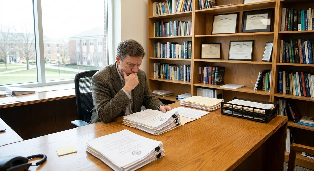 En leder ved et universitetsinstitutt sitter alene ved et skrivebord og ser bekymret på dokumenter om arbeidsmiljø.