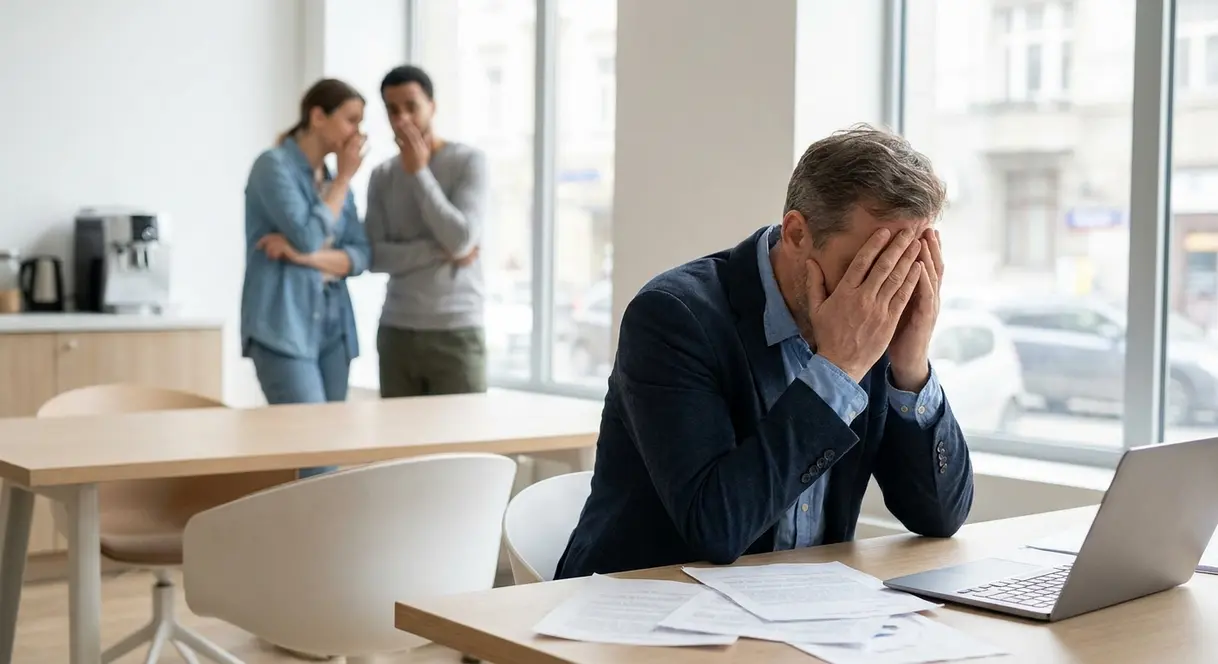 En leder sitter alene ved et skrivebord med hodet i hendene, mens kolleger i bakgrunnen ser bekymret på hverandre – illustrerer konsekvensene av dårlig ledelse på arbeidsplassen.