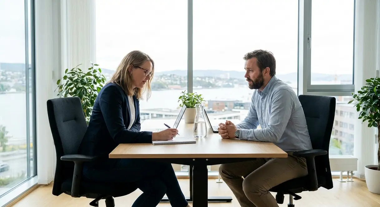 En leder og en ansatt i en seriøs samtale på et kontor, der lederen lytter aktivt og tar notater