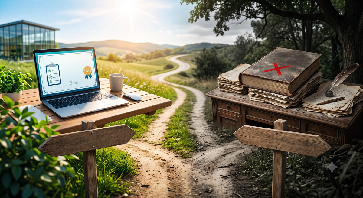 A conceptual image showing a fork in a dirt path, where the left side features a bright, modern laptop setup on a wooden desk with a digital certificate on screen, and the right side features a dark, dusty old desk piled with worn books and papers marked with a red X.