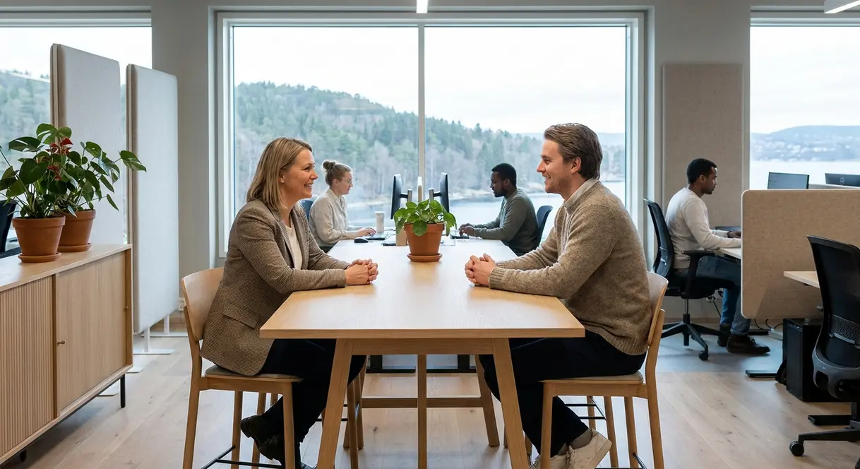 En leder og ansatt i en åpen samtale på et moderne kontor, med fokus på dialog og tilstedeværelse.