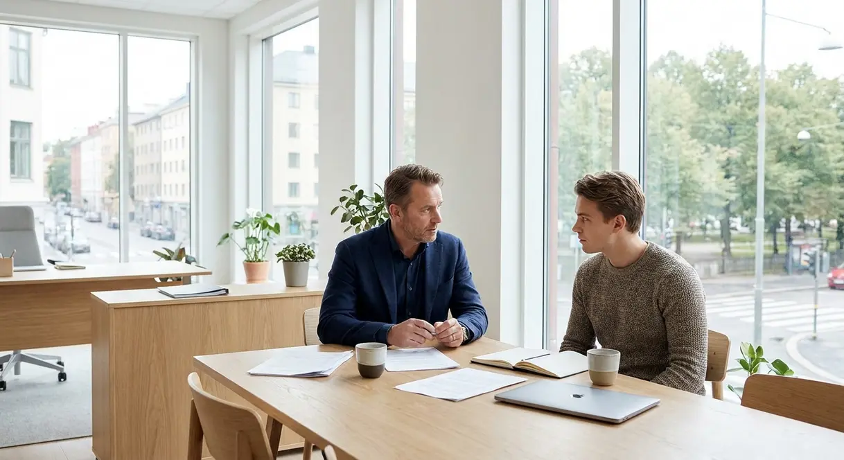 En leder og en ansatt i en seriøs samtale på et moderne kontor, med dokumenter og en bærbar PC på bordet.