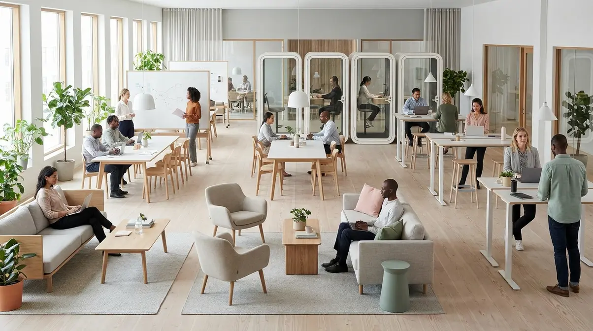 Moderne aktivitetsbasert kontor med åpne soner, loungeområder og ansatte som arbeider i ulike deler av lokalet