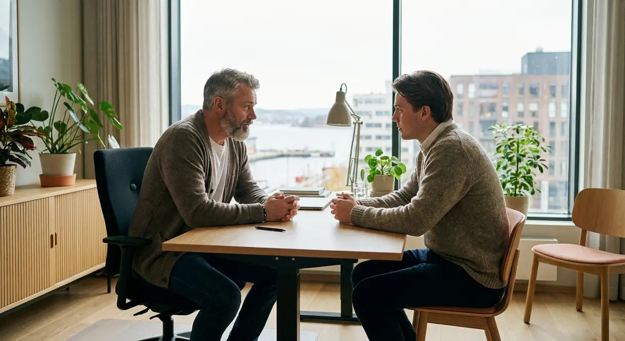 En leder sitter i en rolig samtale med en ansatt på et kontor, i en støttende og empatisk atmosfære