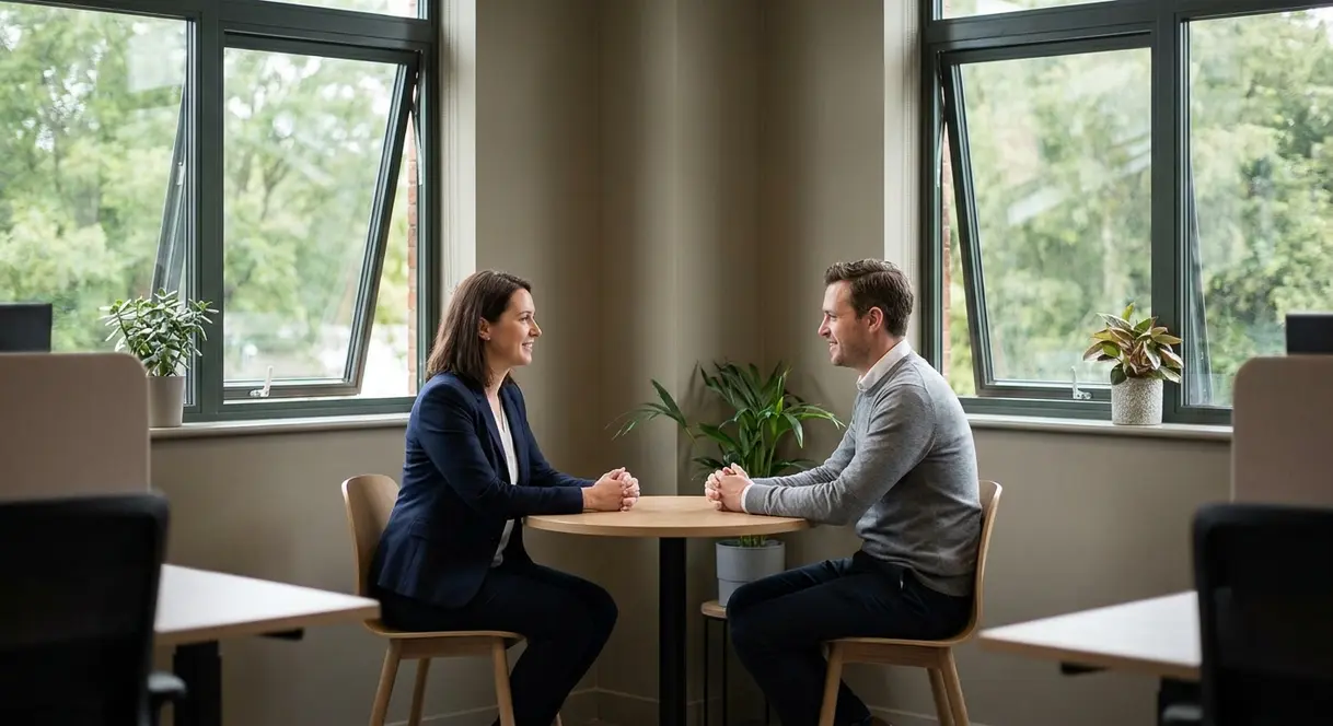 En leder har en diskret og respektfull samtale med en kollega på et moderne kontor med god luftkvalitet