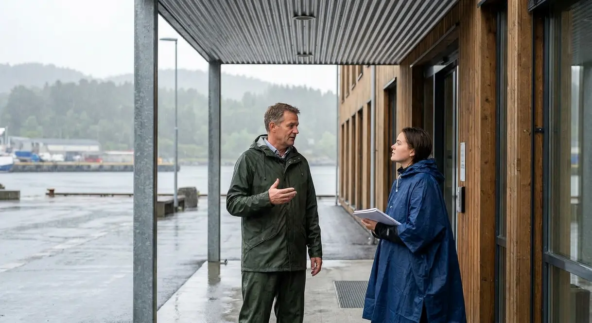 En leder i regnjakke snakker med en ansatt utenfor en arbeidsplass i regnvær, med fokus på dialog og ansvar.