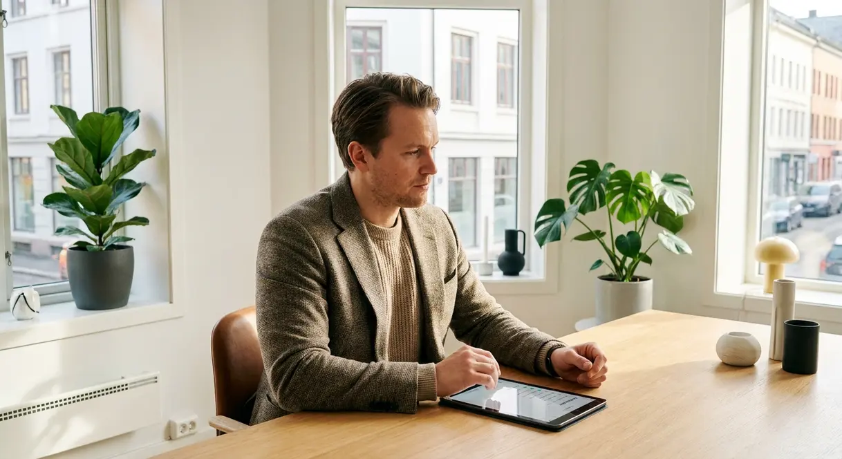 Daglig leder i et nyoppstartet kontor går gjennom en HMS-sjekkliste på et nettbrett