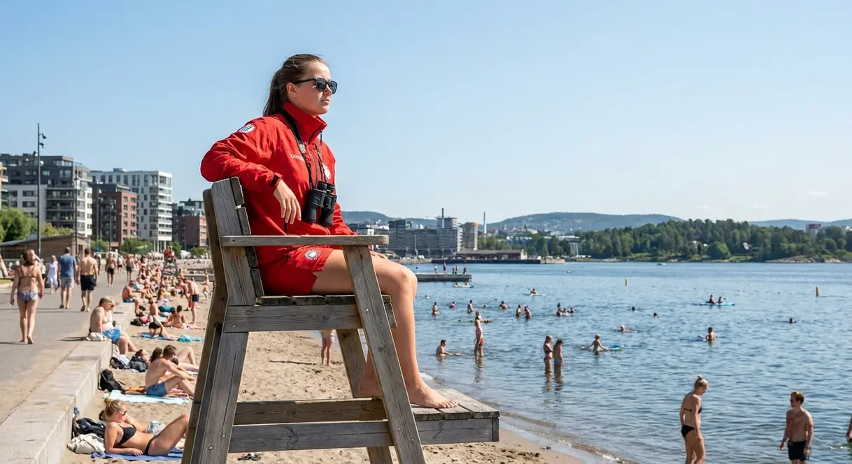 En ung livredder i rødt sitter på vakt ved en norsk bystrand og observerer badende en sommerdag