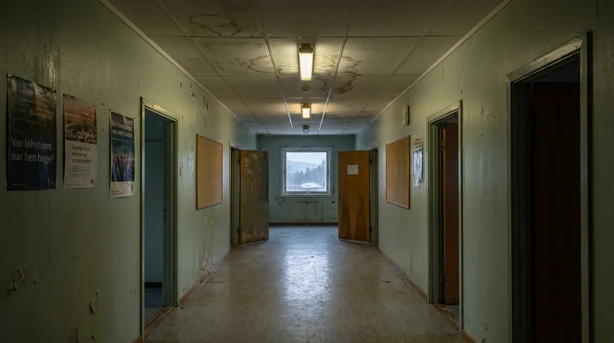 Slitt og forfallent skolekorridor med hull i taket og dårlig belysning som illustrerer dårlig arbeidsmiljø