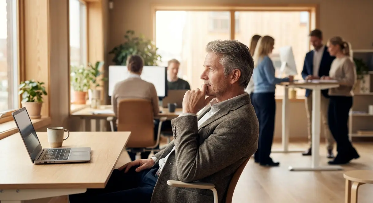 En leder sitter ved et skrivebord på et moderne kontor og ser gjennomtenkt ut mens kolleger jobber i bakgrunnen