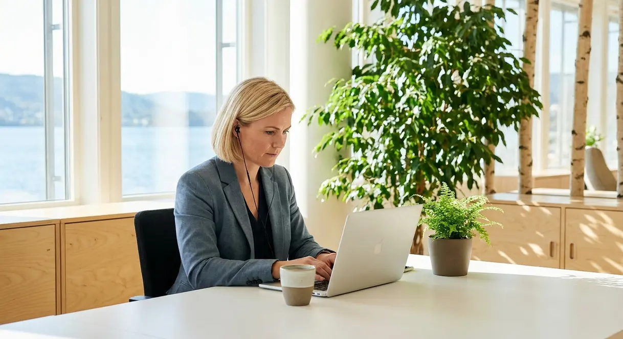 En leder sitter ved et skrivebord og gjennomfører et HMS-kurs på laptop i et moderne kontormiljø.