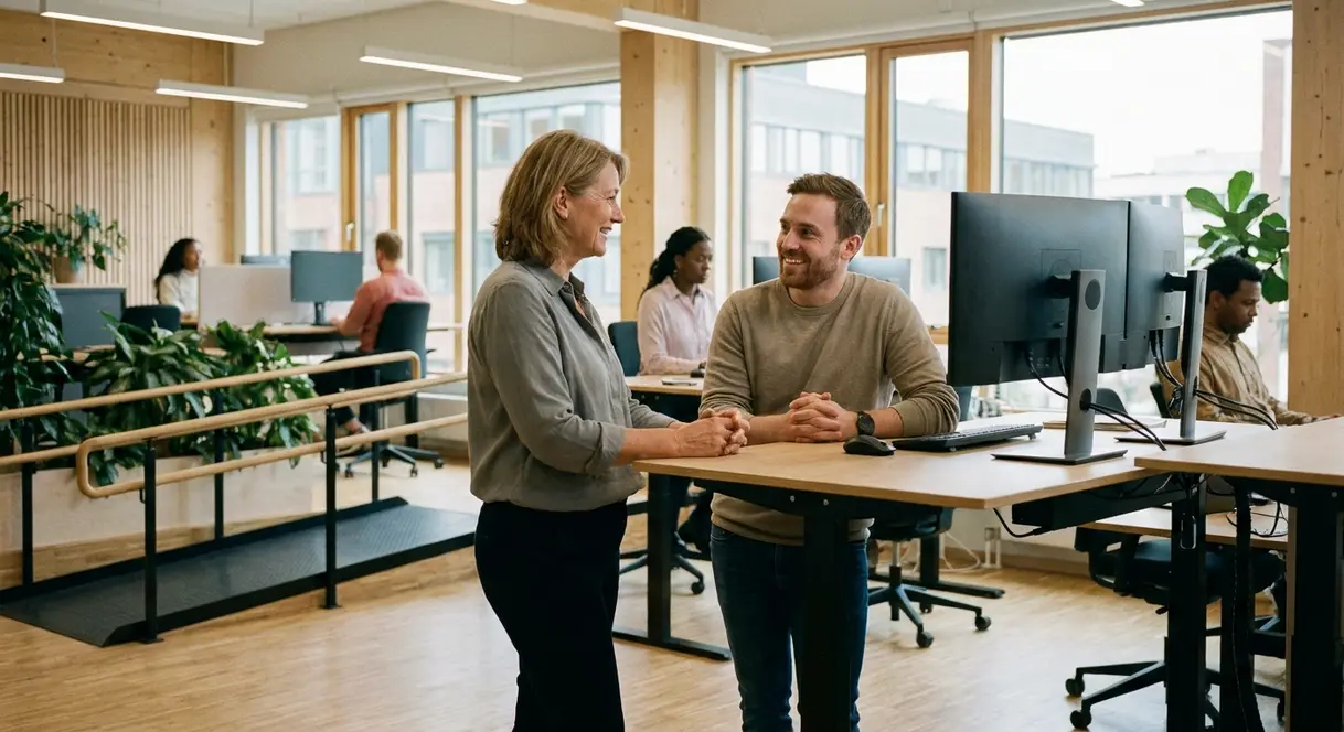 En leder og ansatt i en åpen og inkluderende samtale på en moderne arbeidsplass med ergonomiske løsninger.