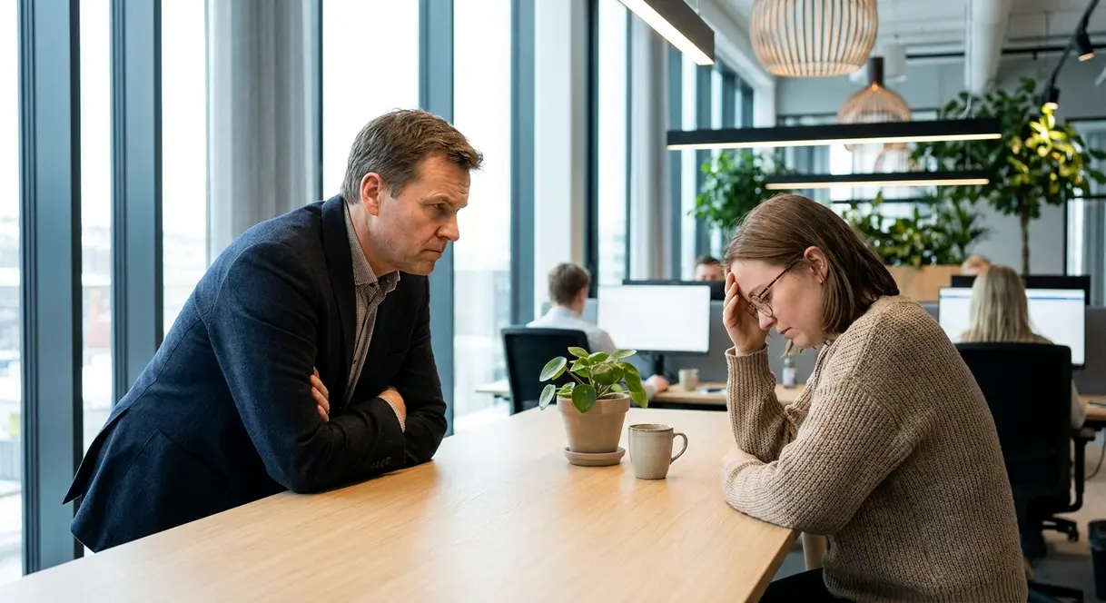 En leder og en ansatt i en spent samtale på et kontor, som illustrerer press i arbeidslivet
