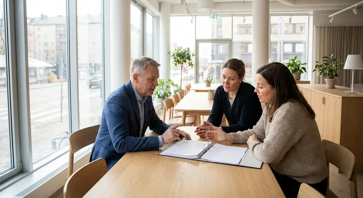En leder ved et skrivebord på et moderne kontor som gjennomgår en hjemmekontorpolicy med en ansatt.