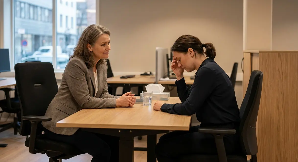 En leder i samtale med en ansatt på et kontor, i en støttende og profesjonell setting etter en krevende hendelse på arbeidsplassen.