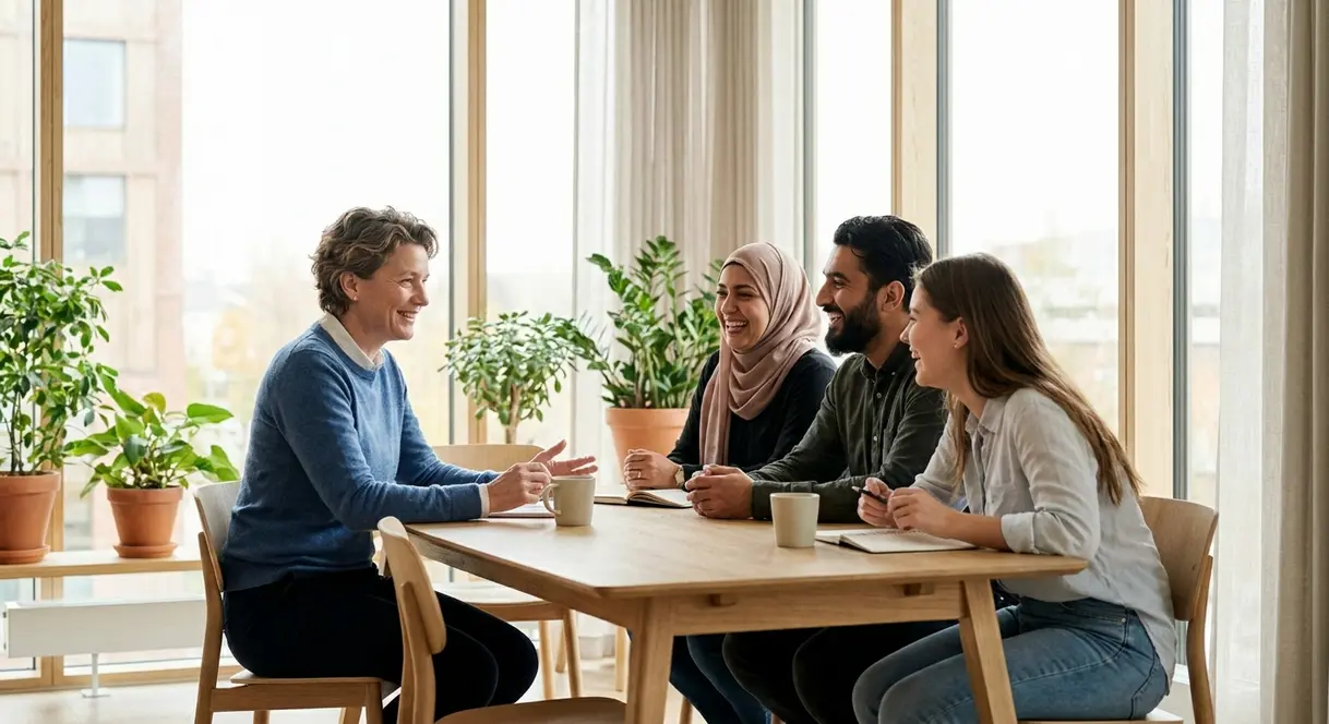 En leder og ansatte i et møterom med åpen og trygg dialog, som illustrerer godt psykososialt arbeidsmiljø