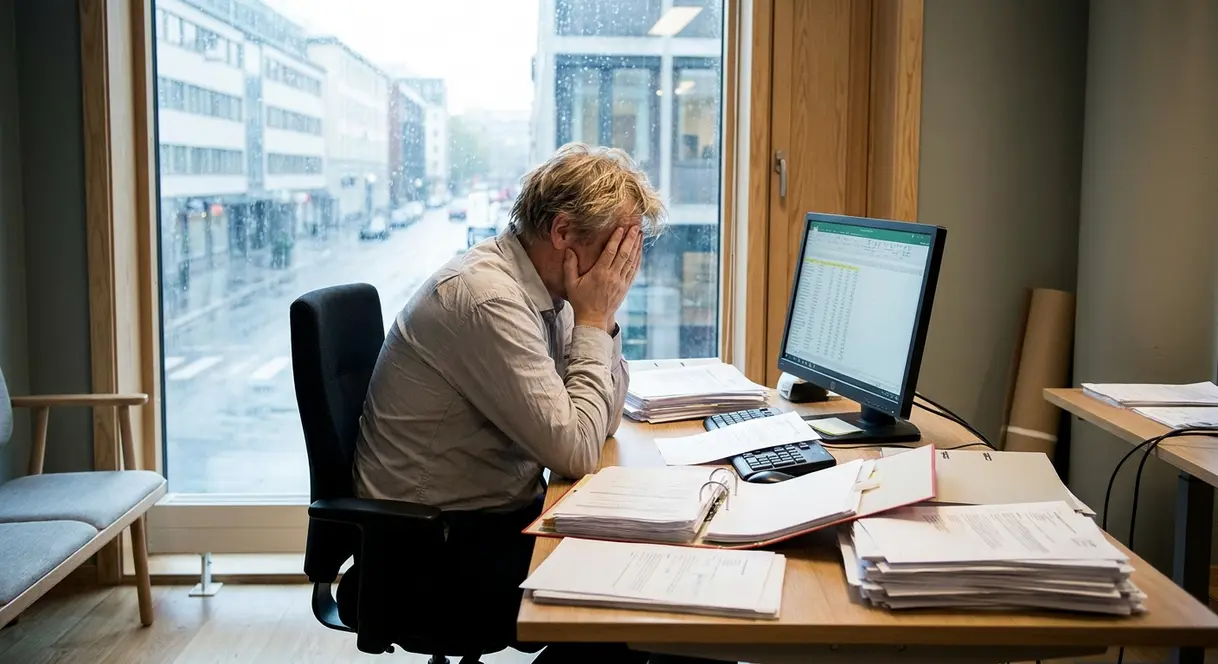 En sliten norsk kontorarbeider sitter alene ved skrivebordet sitt med hodet i hendene, omgitt av papirer og en skjerm