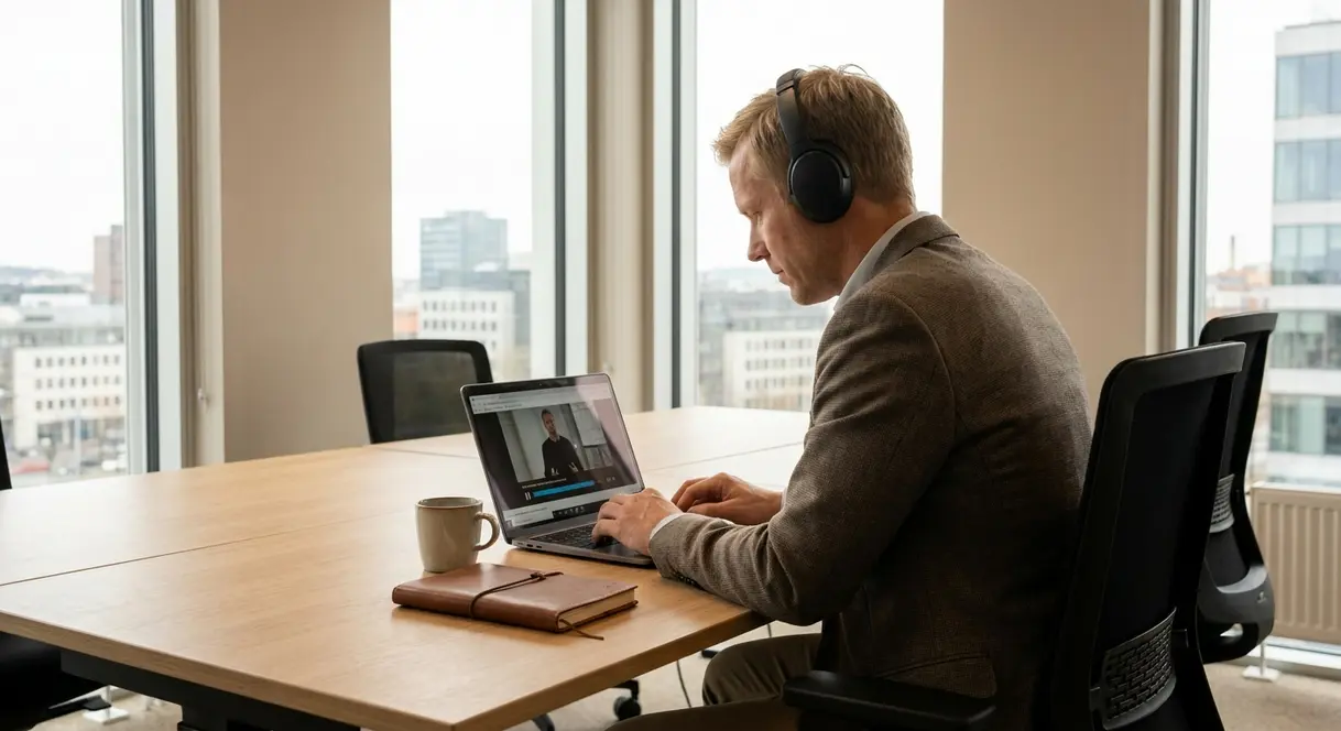 En norsk leder sitter ved et skrivebord og gjennomfører et HMS-kurs på laptop i et moderne kontormiljø.