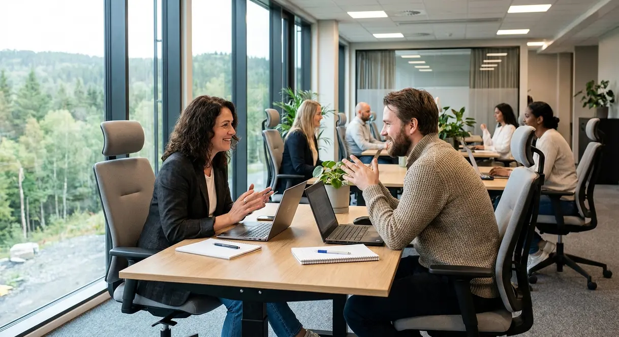 En leder og en deltidsansatt medarbeider i en profesjonell samtale på en moderne arbeidsplass