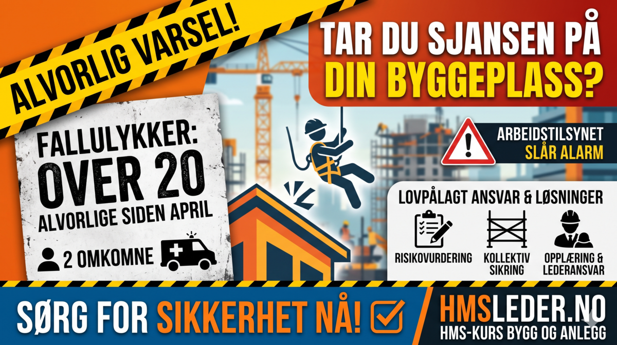 Byggearbeider på stillas med fallsikring og verneutstyr på en byggeplass i Norge.