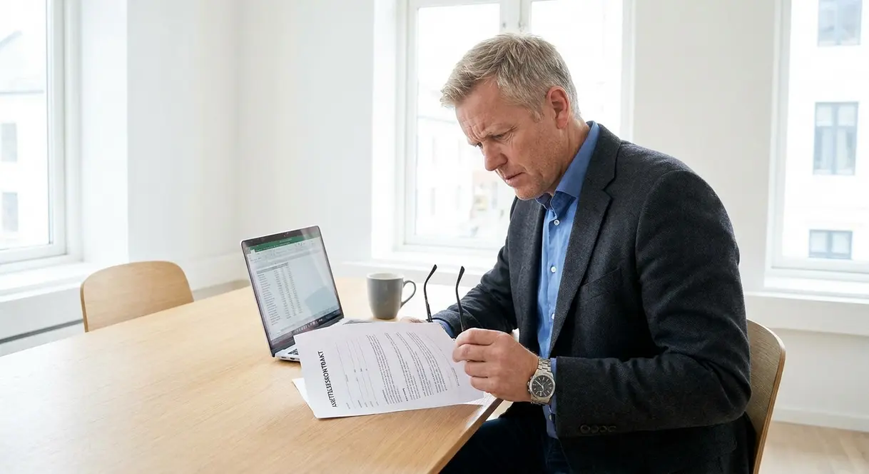 En leder ved et skrivebord som gjennomgår en arbeidskontrakt med fokus på arbeidstidsbestemmelser