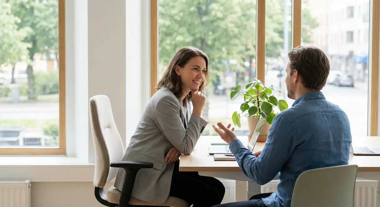 En leder og ansatt i en åpen samtale på en moderne arbeidsplass, med fokus på tilrettelegging og dialog.