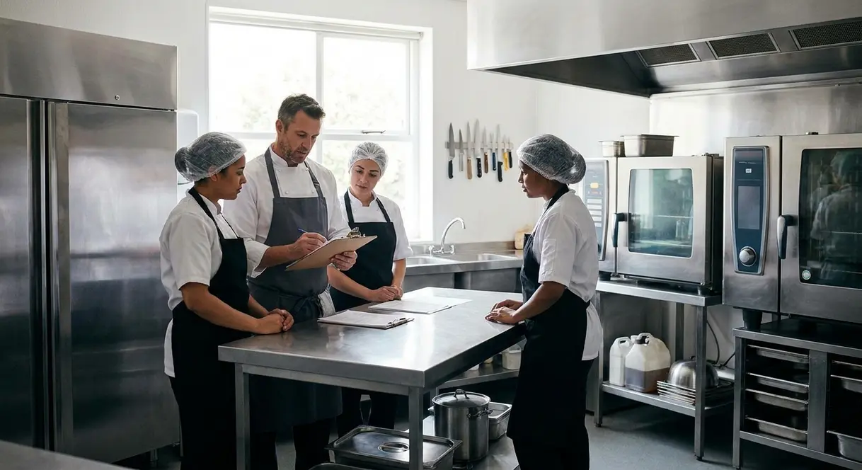 Restaurantleder i profesjonelt kjøkken gjennomgår HMS-rutiner med ansatte